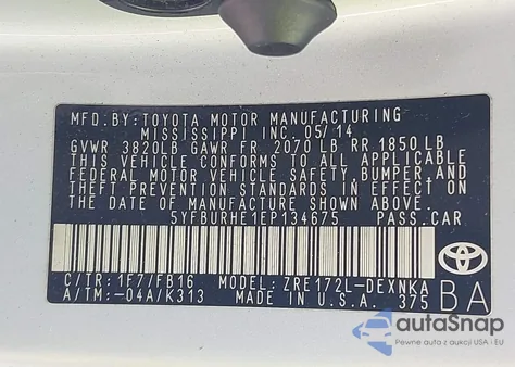 2014 Toyota Corolla Le from USA, damaged, VIN 5YFBURHE1EP134675